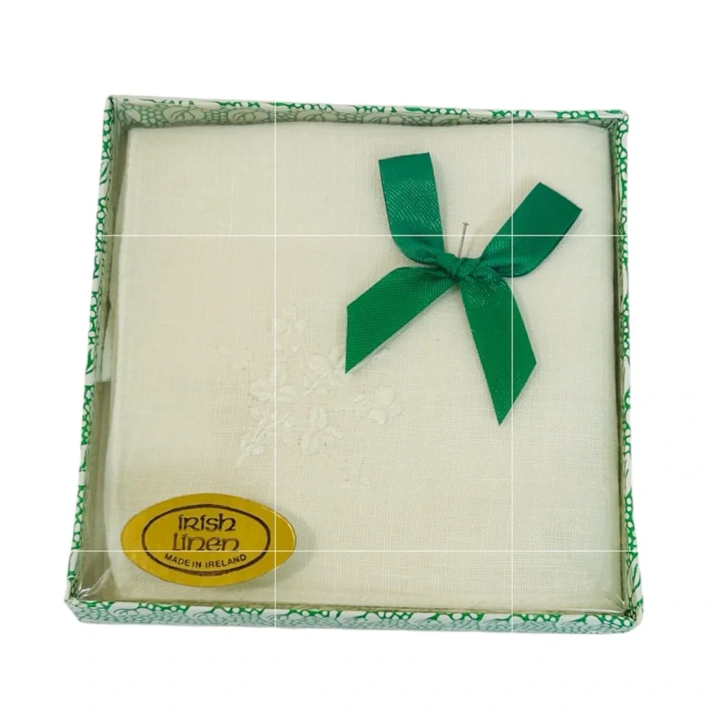 Vintage Irish Linen Embroidered White Handkerchief, New in Box - Picture 1 of 12